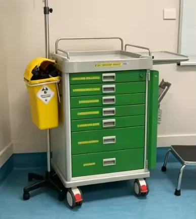 Customizable Plastic Medical Treatment & Nursing Trolley with Full Locking Bar Hospital Emergency Cart with Accessories