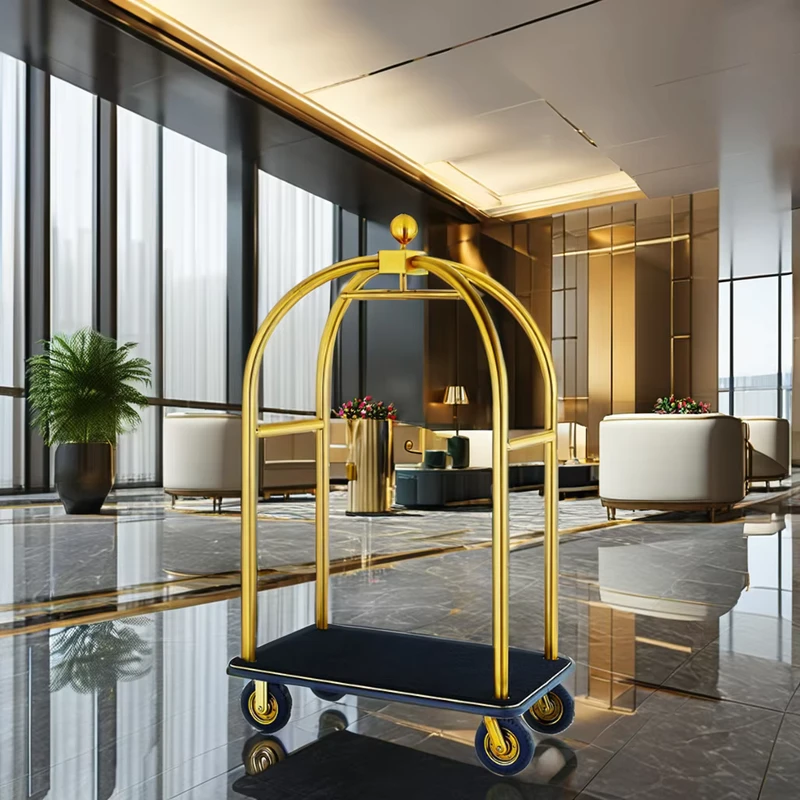 Customizable Stainless Steel Hotel Baggage Cart Gold Bellman Lobby Luggage Trolley with Modern Design for Use in Rooms