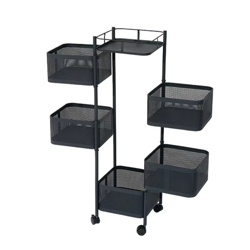 Customize Rotating Kitchen Shelf for Fruit Vegetable Floor 5 layer Household Storage Rack Black Square Fruit Trolley