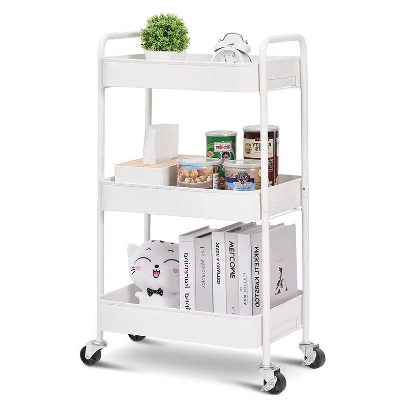 Customized 3 Layer Metal Quartet Utility Trolley Hand Rolling Storage Cart 3 Tier Storage Organizer Rack
