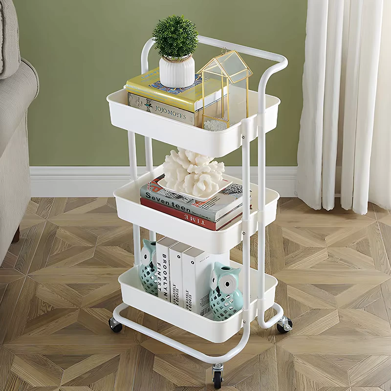 Customized 3 Tier Carbon Steel Utility Cart Storage PP Plastic Trolley Rolling Cart With Wheels