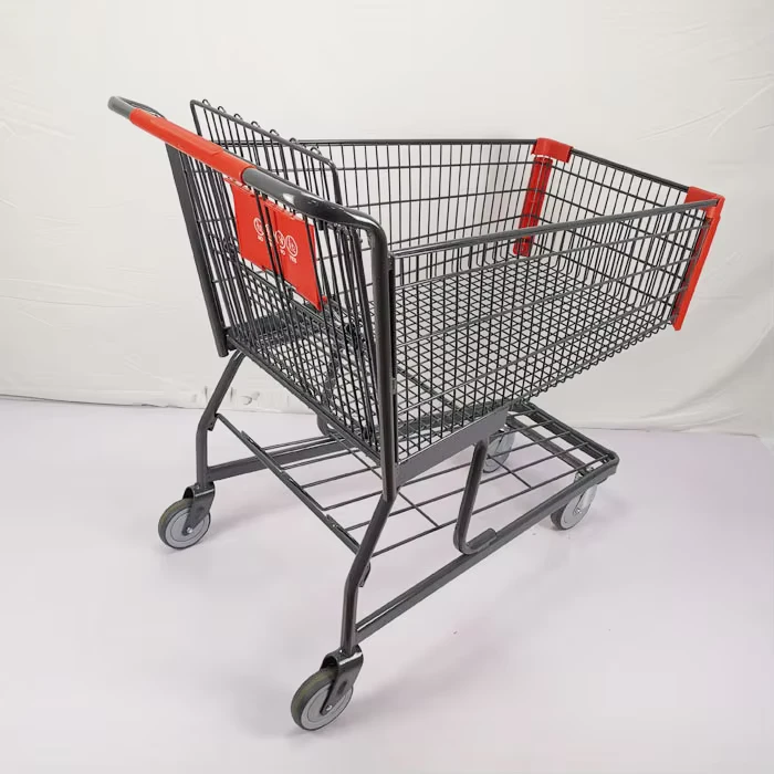 Customized American Style Black Grocery Store Steel Trolley Supermarket Shopping Cart with Back Basket