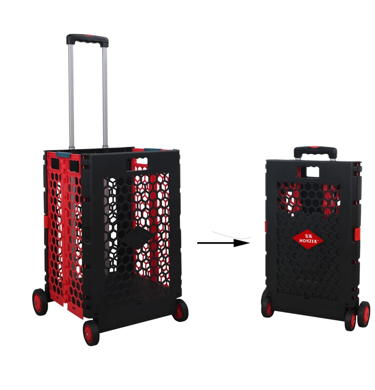 Customized Collapsible Handcart Logo 4 Wheel Lightweight Folding Hand Trolley Cart 25KG Capacity Plastic Platform Structure