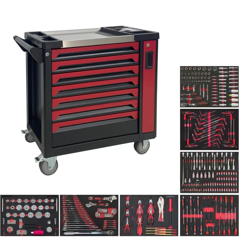 Customized Hand Push Trolley 7 Drawer Rolling SPCC Steel Cabinet Electrostatic Powder Coat 200kg Load Capacity OEM Workshop Tool