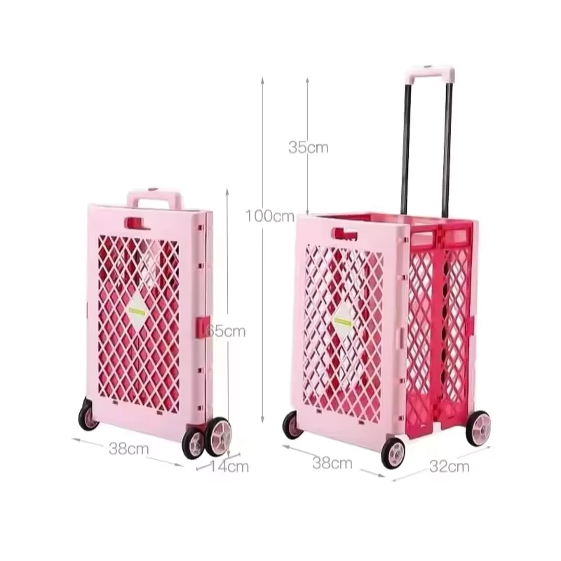 Customized Logo Foldable 65L Shopping Cart with 4 Wheels Supermarket Plastic Collapsible Grocery Cart