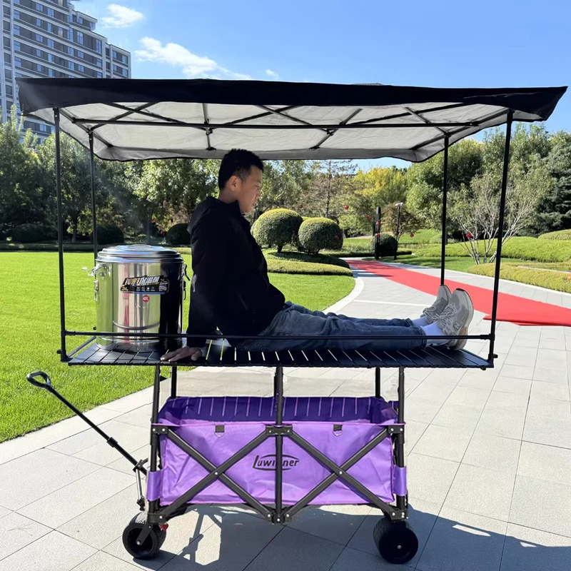 Customized Logo Large Outdoor Metal Stall Trolley with 167*60 Table Waterproof Awning Camping Cart Trolley Garden Trail Foldable