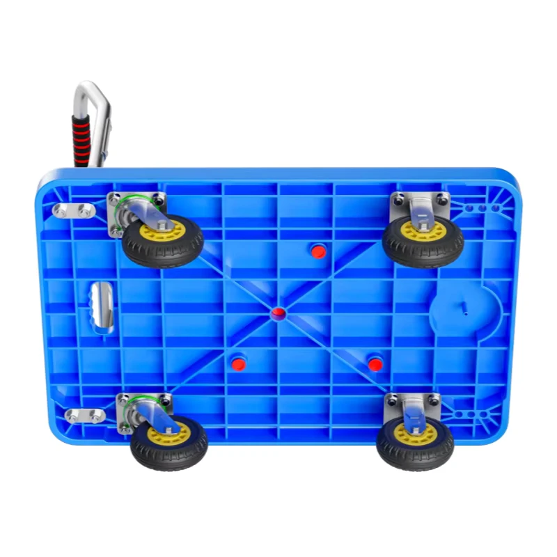 Customized OEM Heavy Duty Four Wheel Plastic Platform Hand Foldable Trolley Cart Foldable Blue Black Plastic Platform Trolley