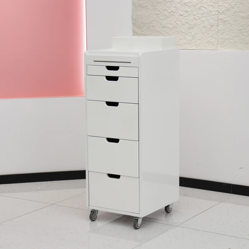 Customized White Artificial Wooden Board Hair Beauty Salon Drawer Trolley Cabinet with Multiple Storage Spaces for Barbershop