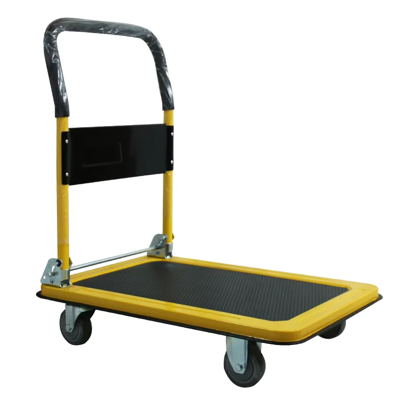 Customized Yellow Storage Industrial Iron 4 Wheel Foldable Hand Platform Trolley