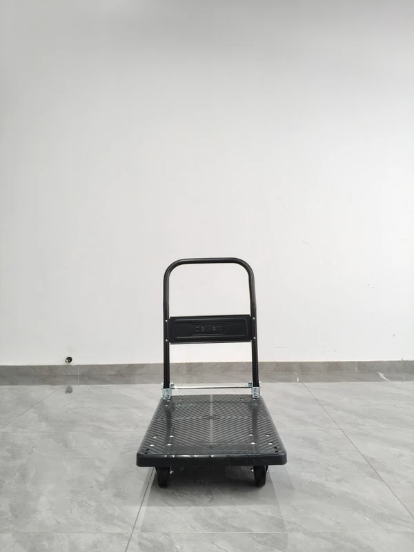 Customizing Black Plastic Flatbed Hand Truck Four Wear Resistant Wheels Folding Metal Handle Factory Logistics Trolley