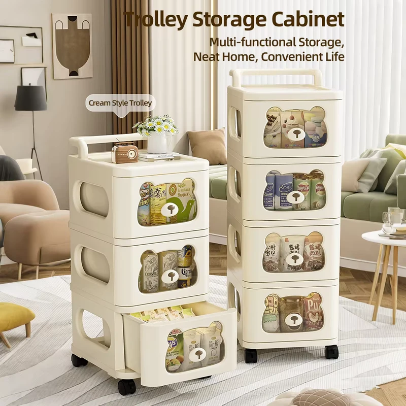 Cute Cartoon Plastic Trolley Storage Cabinet for Kids Clothes Multi Layer Drawers Organizer with Handle for Bathroom Living Room