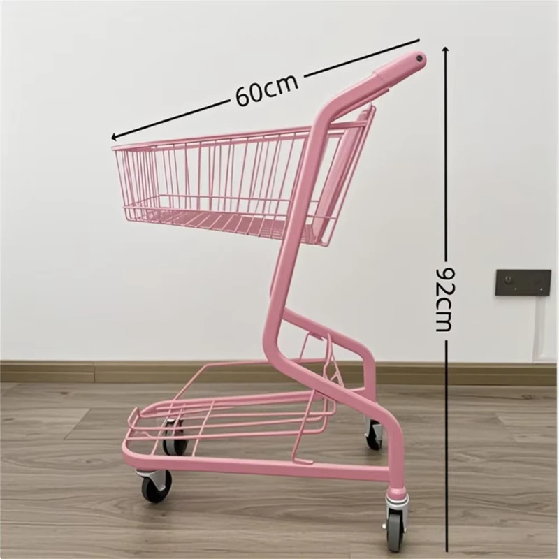 DG 40L Boutique Unfolding 2 Tier Zinc Plated Pink Convenient Shopping Trolley 4” PU Wheels Indoor Use Platform