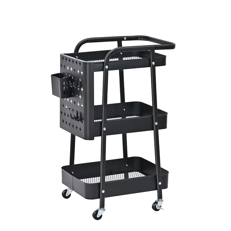 DIY Pegboard Household 3 Tier Metal Utility Storage Trolley Organizer Rolling Storage Cart for Kitchen Office Home