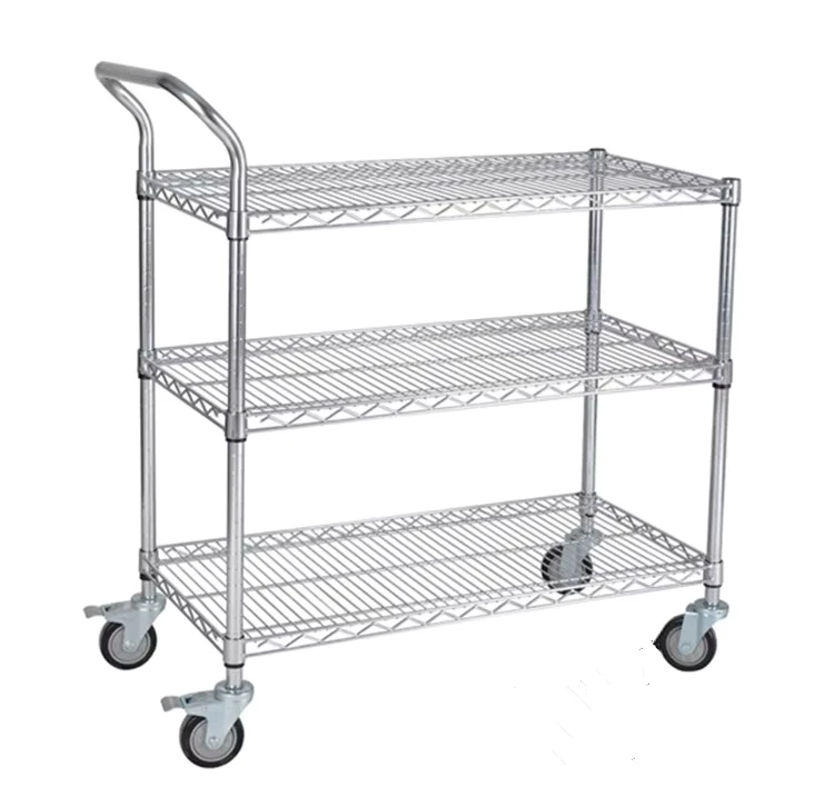 Dontalen Hotel Trolley Wire Mesh Shelf Metal Storage Rack Household Push Cart NSF Chrome Plated Wire Shelving Trolley