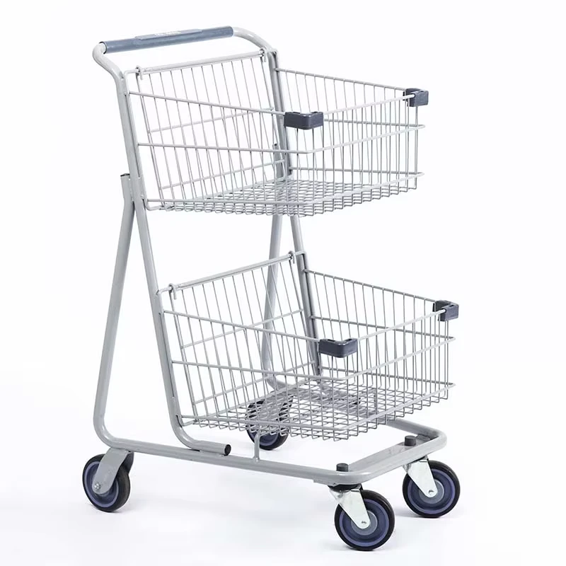Double Baskets Shopping Trolley with 5” PU Wheels for Indoor Use and Supermarket Shopping