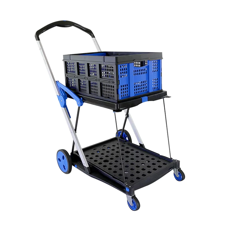 Double Decker Design Mobile Plastic Folding Shopping Cart Mobile Shelf Storage Hand Carts Trolleys With Storage Crate