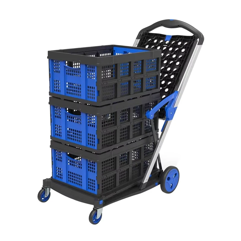 Double Decker Foldable Cart Grocery Trolley Folding Shopping Cart Two Tier Collapsible Cart with One Crate
