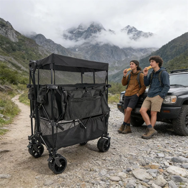 Double Decker Folding Camping Cart with Big Wheels Cup Holders for Grocery Sports Outdoor Adjustable Handle Tailgate with Roof
