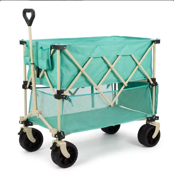 Double Decker Folding Utility Wagon with Tailgate Heavy Duty Collapsible Camping Cart with Off Road Wheels
