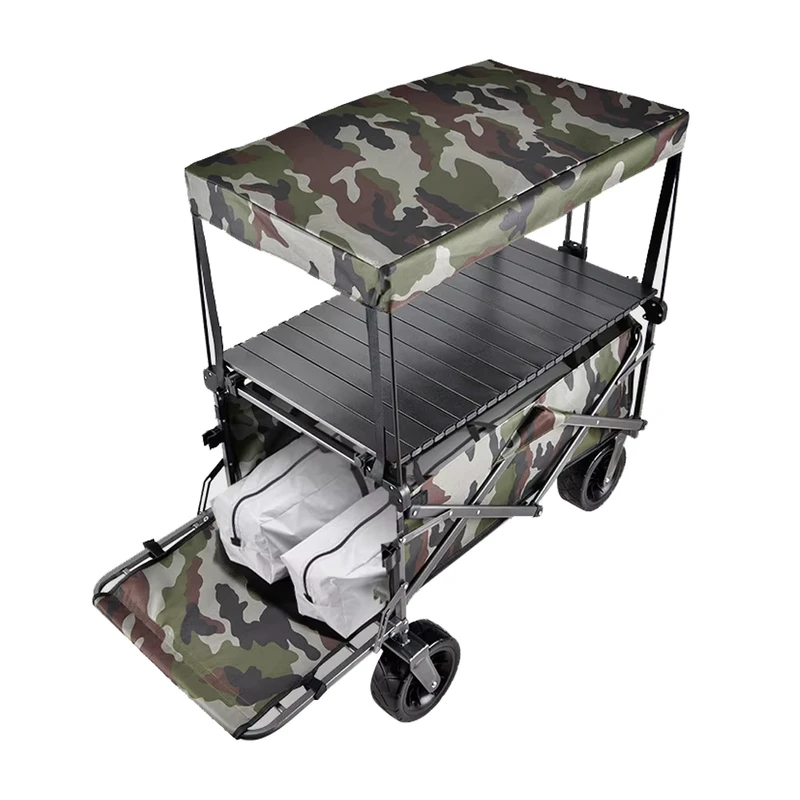 Double Decker Folding Wagon Cart 200L Large Capacity Four-Wheel Foldable Camping Cart with Full Canopy and Tabletop