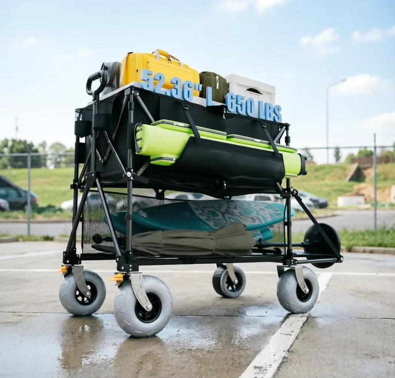 Double Decker Heavy Duty Folding Utility Wagon All Terrain PU Wheel Camping Cart with Brakes for Beach Shopping