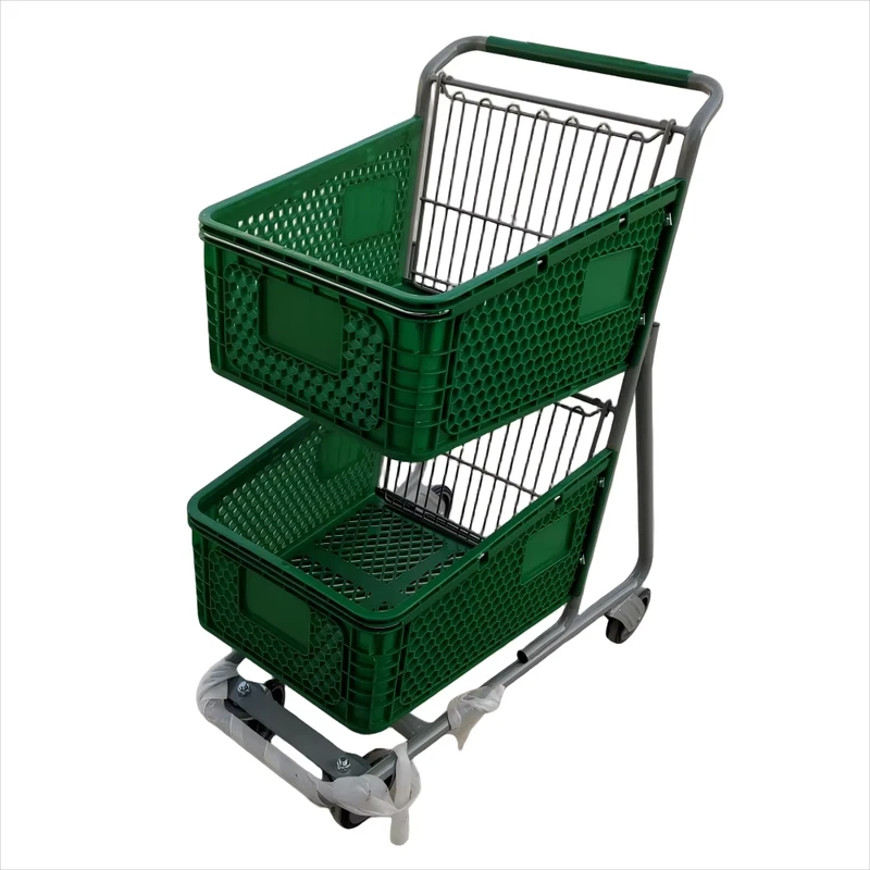 Double Handle Colorful Plastic Supermarket Grocery Shopping Basket with Wheels