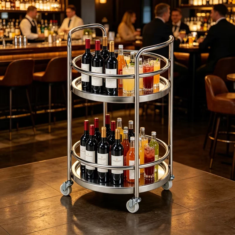 Double Layer Catering Party Beverage Service Wine Display Trolley Round Mobile Red Wine Bar Cart with Wheels