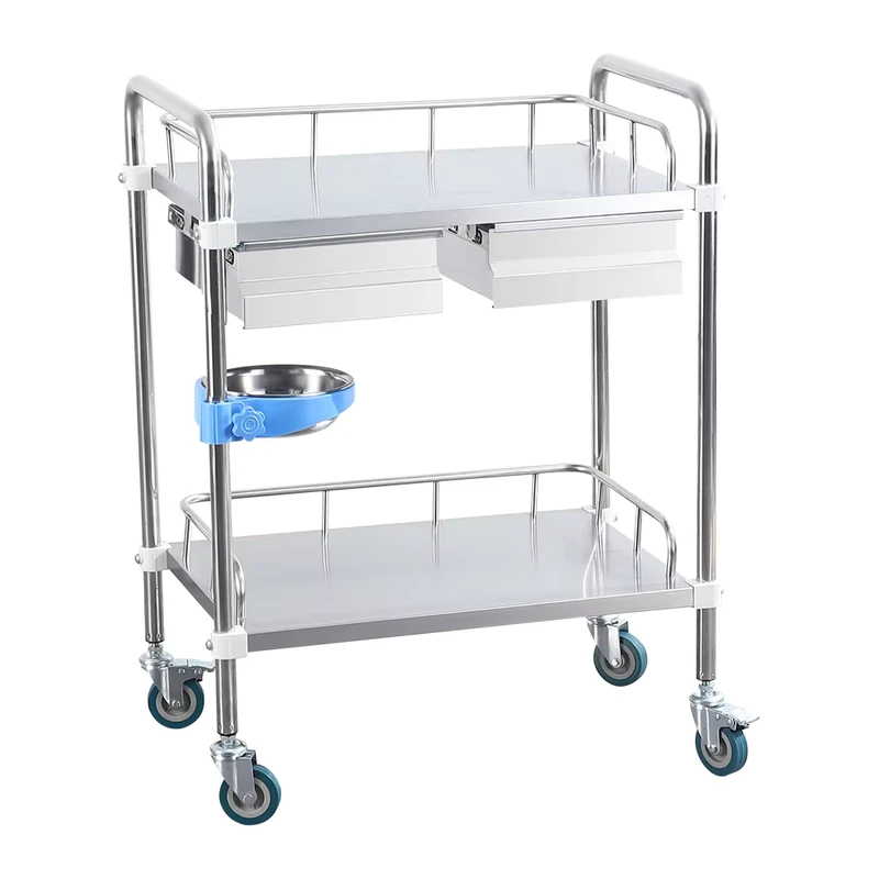 Double Layer Double Drawer Assembled Stainless Steel Medical Trolley with Dirt Basket and Silent Casters