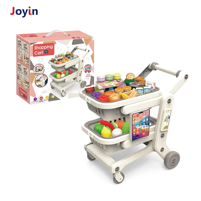 Double Layer Shopping Cart Toy Set Supermarket Pretend Play Simulation Trolley with Rotating Wheels Kids Role Play Outdoor Toy