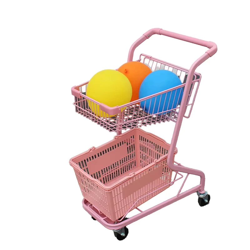 Double Pink Fresh Supermarket Shopping Cart Trolley Home Hardware with Small Supermarket Cart