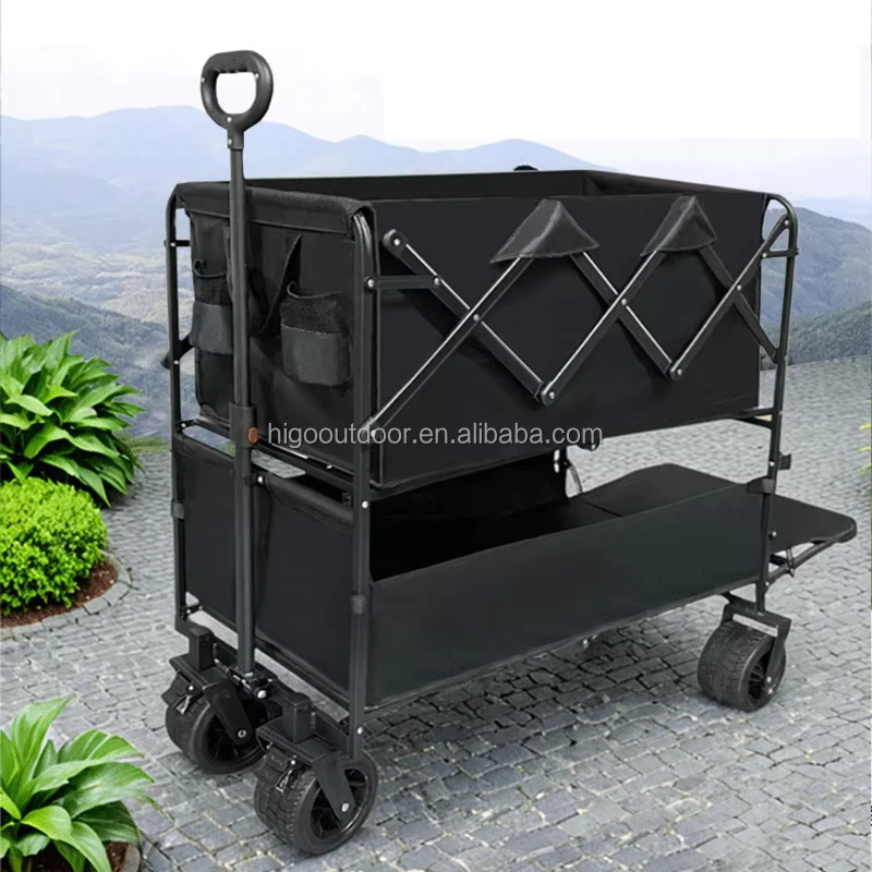 Double deck Wagon Portable Folding Utility Shopping Cart for Cargo Grocery Sports Garden Camping Park Yard Patio Foldable Large