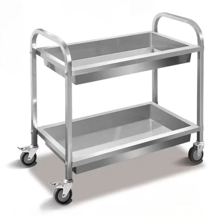 Double-layer Commercial 304 Stainless Steel Kitchen Work Table Restaurant Food Collection Service Trolley Hand Push Swivel