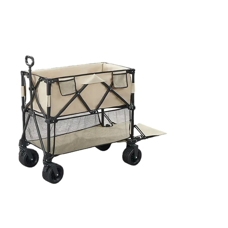 Double layer Foldable Metal Four Wheel Car mounted Picnic Camping Cart Outdoor Camp Portable Trolley Trailer Beige Black