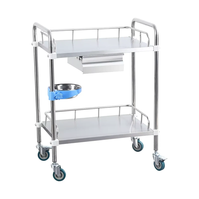 Double layer Single drawer Stainless Steel Medical Trolley with Universal Wheels at Factory Price