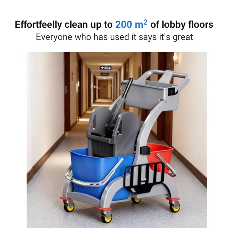 Down Press Plastic 2 Bucket Wringers 4 Wheel Trolley Mop Bucket Janitorial Cart with 300 lb Capacity for Indoor Outdoor Use