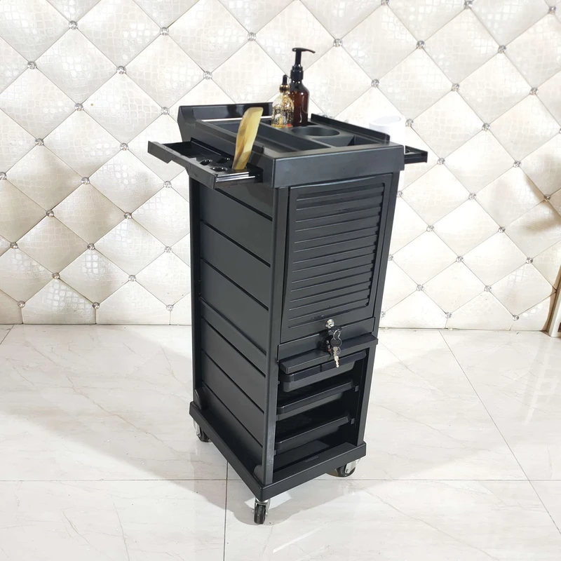 Dubai Market Stainless Salon Beauty Used Hairdressing Rolling Black Lockable Cabinet Trolley