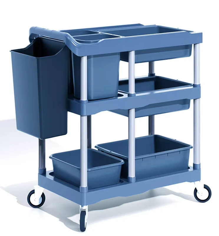 Durable 3 Layer Multifunctional Plastic Cleaning Cart 4 Wheel Swivel Casters 400 lb Capacity Rust Resistant for Hotels