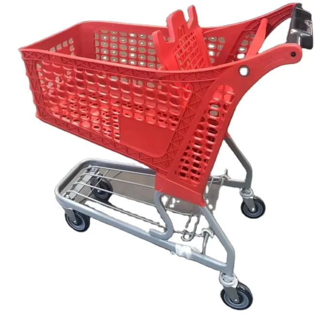 Durable Folding Plastic Shopping Cart Trolley Zinc Coated Steel Frame 5” PU Wheels Custom Logo Model