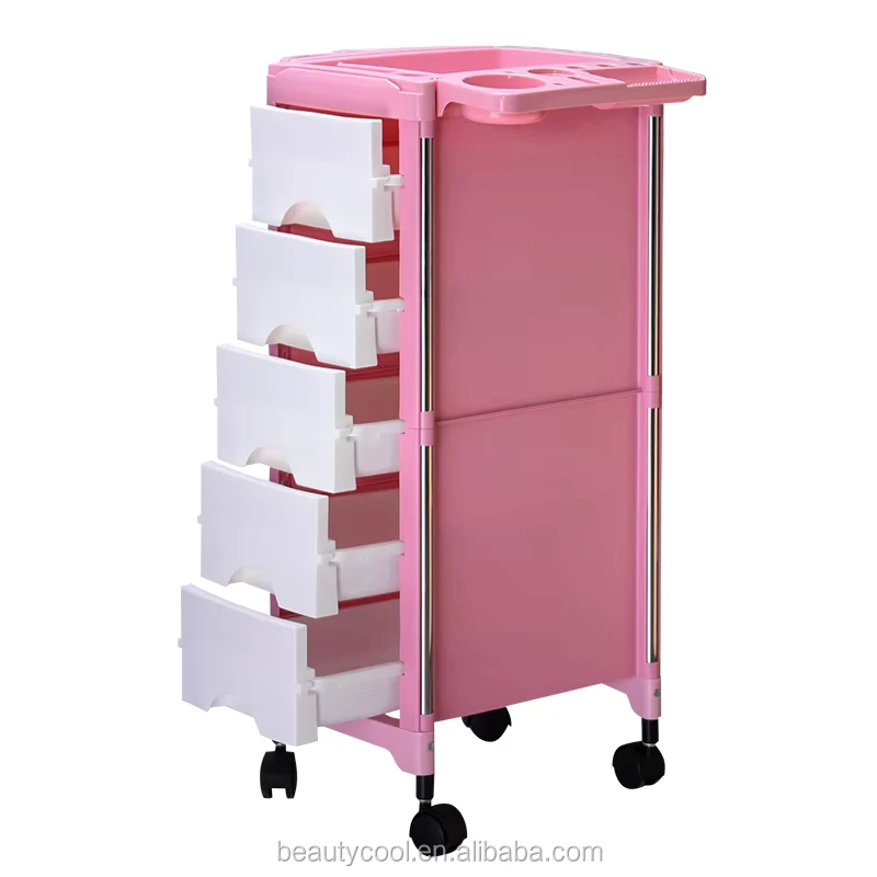 Durable Mobile Hair Tool Salon Trolley Salon Furniture Plastic Beauty Salon Carts Barber Hairdresser Pink