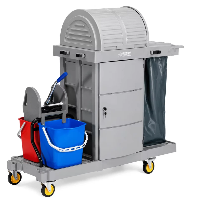 Durable Plastic Multifunctional Cleaning Trolley Cart for Hotels Restaurants Janitorial Service Compartment