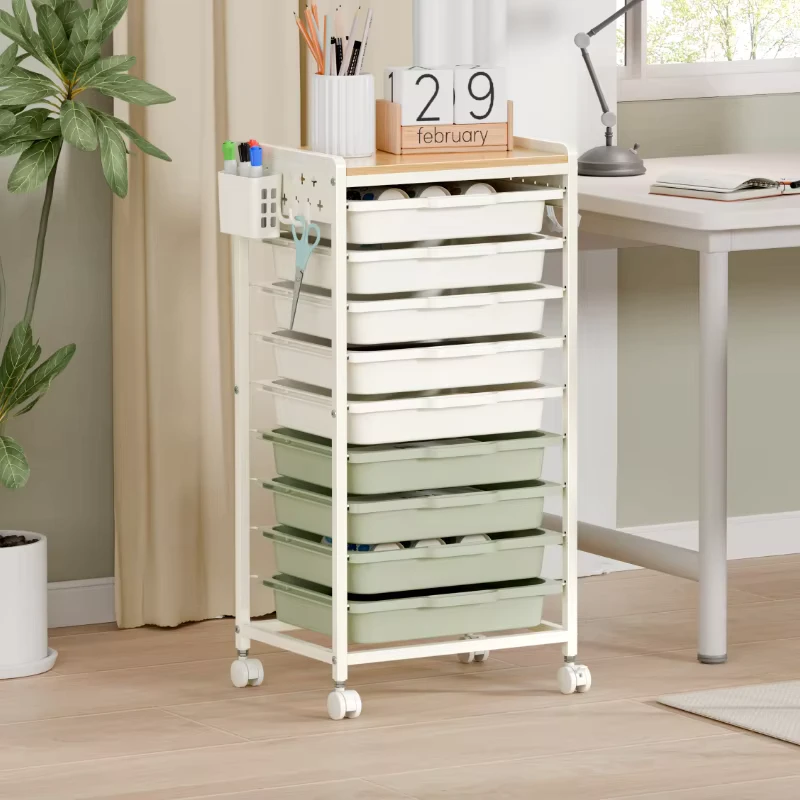 Durable Side Pegboard 9 Plastic Drawers Storage Cart Easy Assembly Household Furniture Kitchen Nursery Utility Trolley