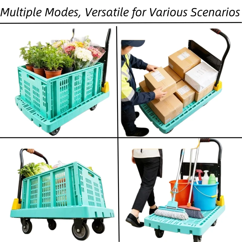 Durable Waterproof 360 degree Swivel Wheels Utility Grocery Cart Multi function Portable Plastic Flat Four Wheel Shopping Cart