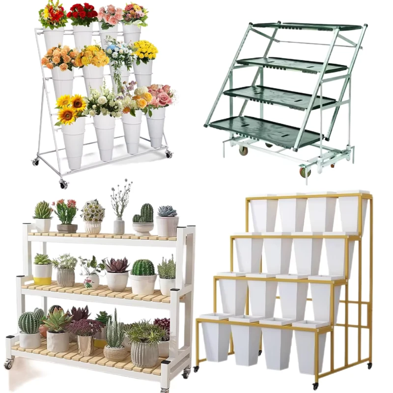Dutch Flower Cart Heavy Duty 3 Shelf Trolley with Step Four Wheel Aluminium Plant Carriers OEM Customizable