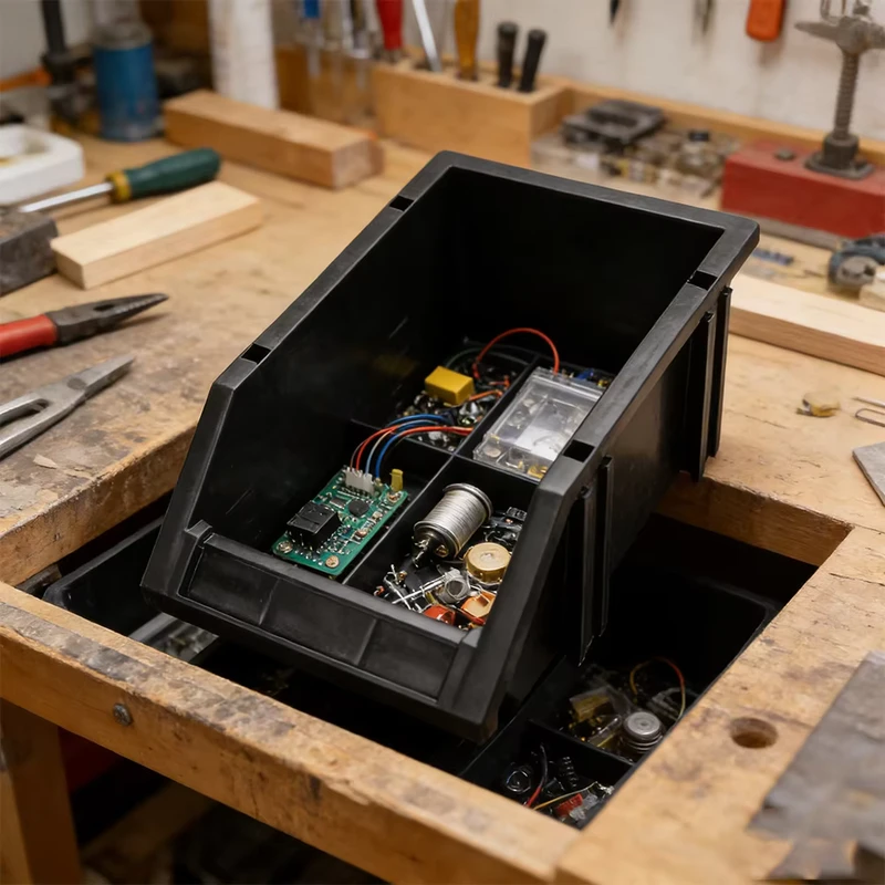 ESD Compliant Tilt Front Storage Bin with Interlocking Edges Ideal for Tool Organization and Lean Manufacturing Systems