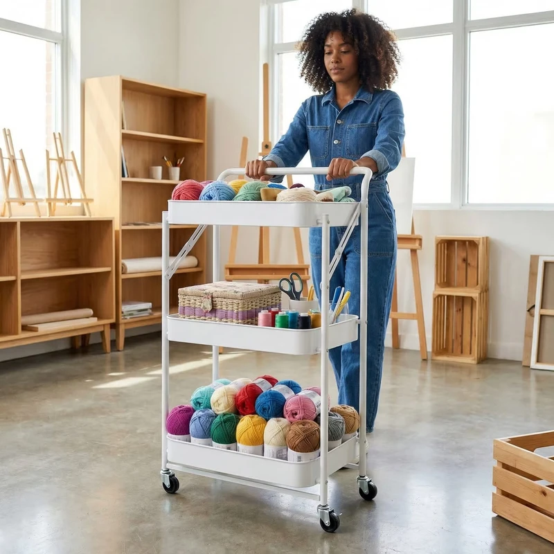 Easy Assembly 3 Tier Rolling Utility Cart Metal Mesh Shelf Storage Trolley with Wheels for Home Dorm and Office Storage