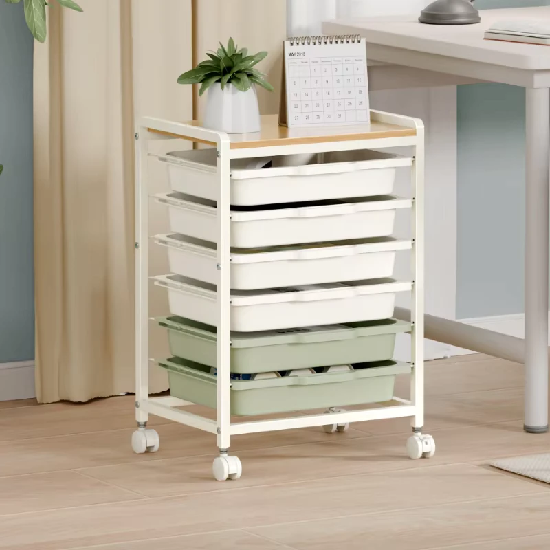 Easy Assembly Plastic 6 Drawer Mobile Metal Frame Trolley with MDF Table Top Multi Purpose PP Basket Utility Cart