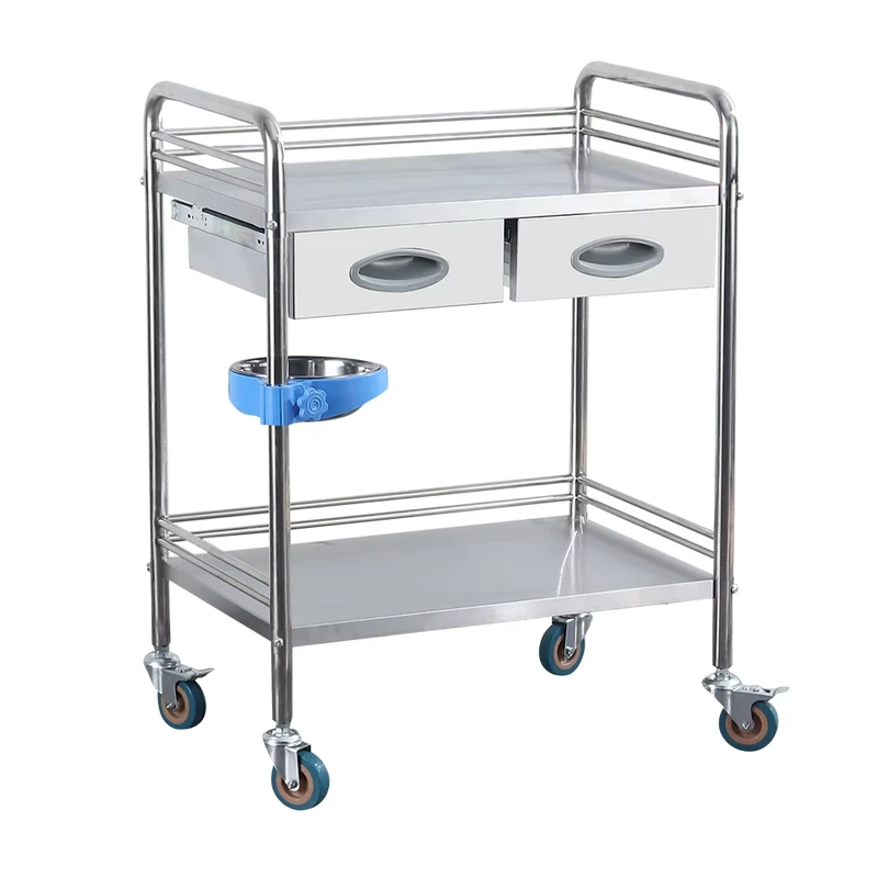 Easy Clean 2 Tier Stainless Steel Medical Disassemble Trolley Double Drawers with Guardrail Medical Supplies Storage
