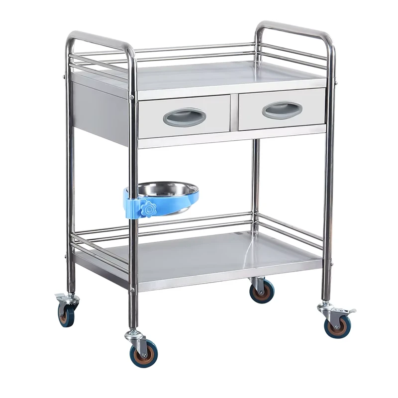 Easy Clean 2 Tier Stainless Steel Medical Supply Trolley Double Drawers with Guardrail Silent Casters
