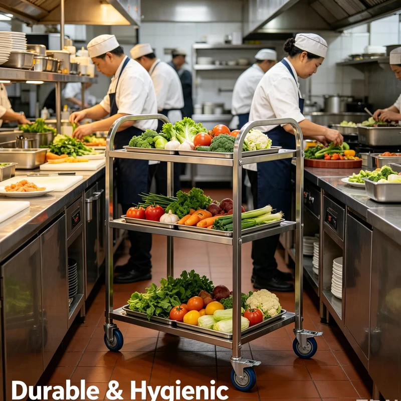 Easy Clean Stainless Steel 2 Tier Service Cart Safety Design Stainless Steel Transport Cart Commercial Hand Trolley