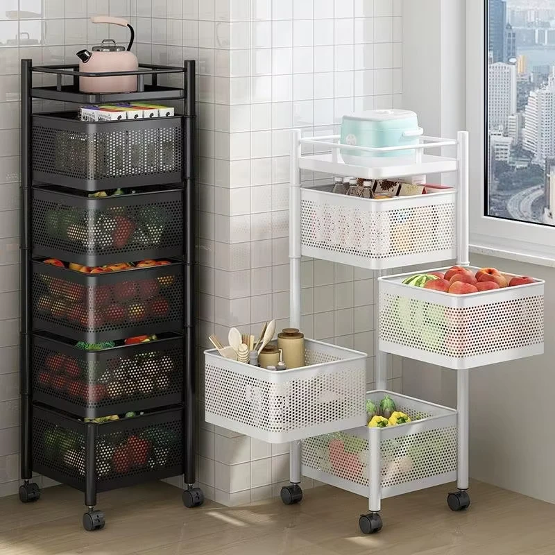 Easy Installation 3 4 5 Layer Rotating Trolley Square Metal Shelf Rack Portable Multi functional Storage Rack with Wheels